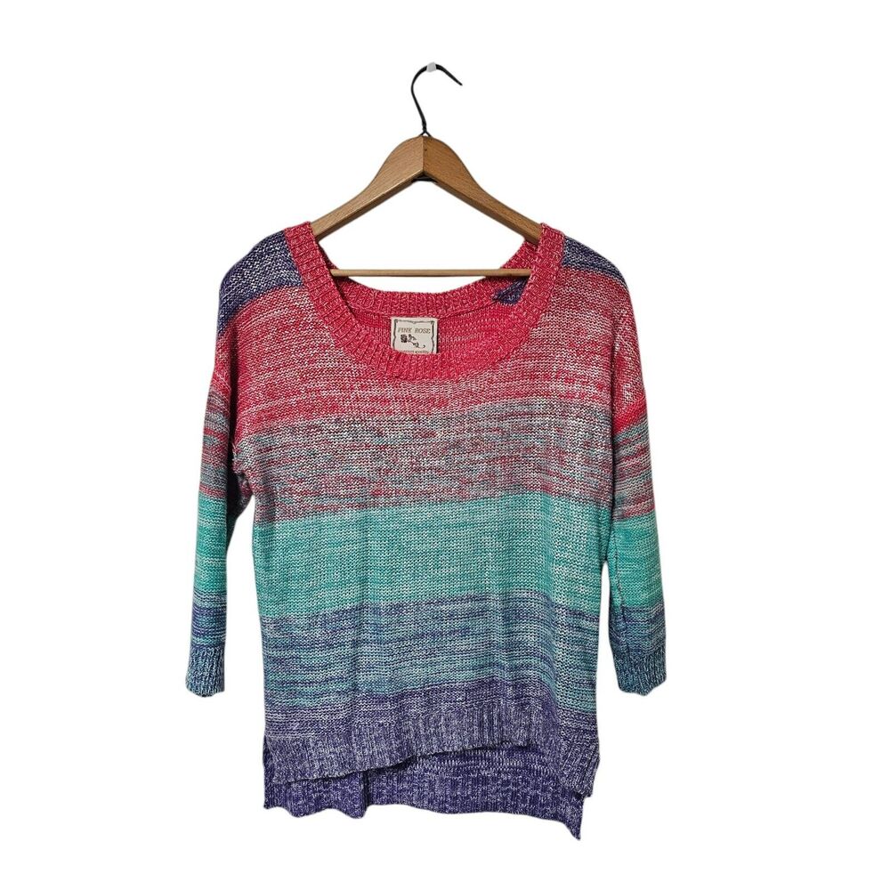 Pink Rose Sweater Womens Size L Ombre Rainbow Pullover High Low Twee Casual
